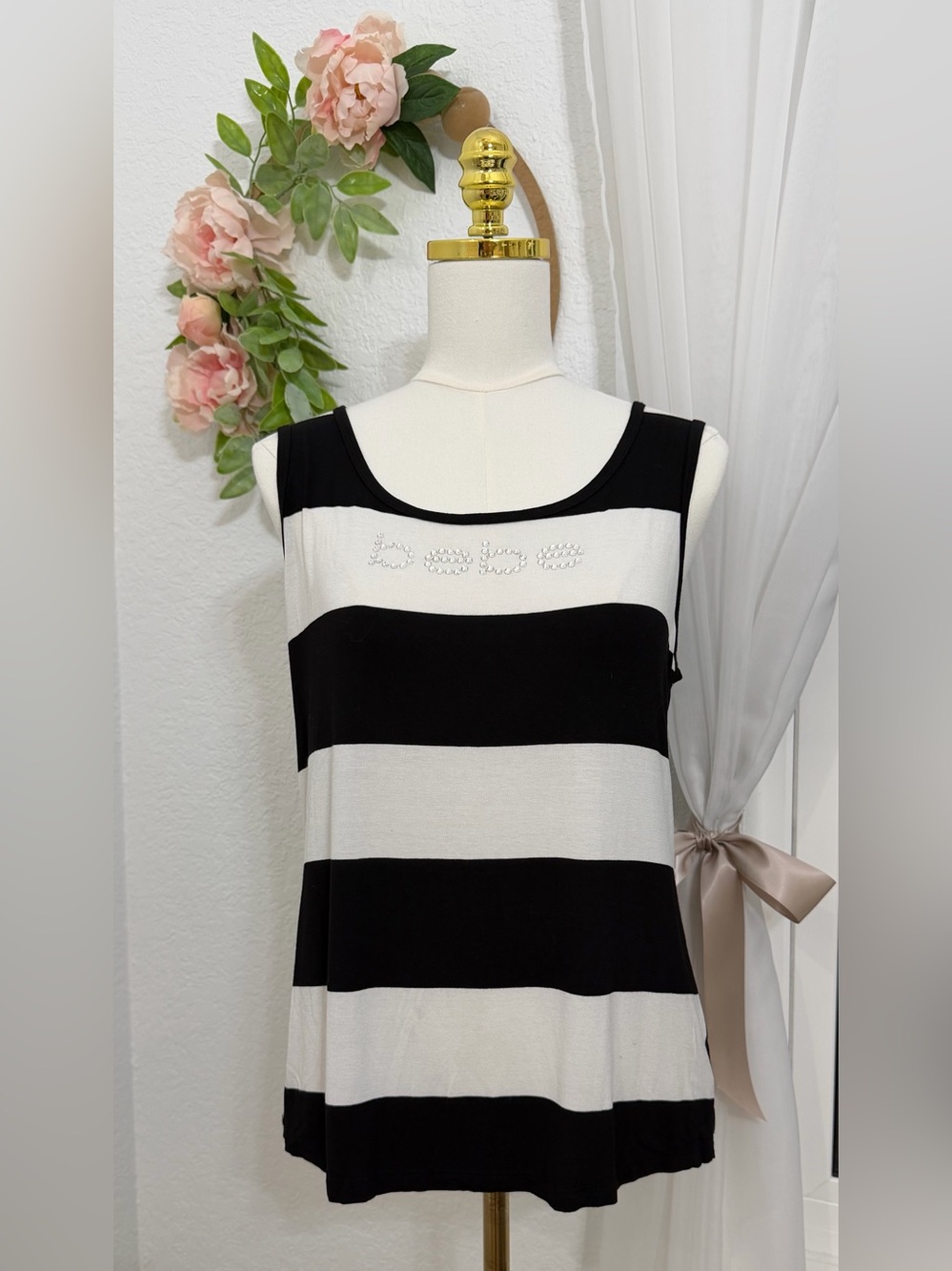 NEW BEBE Vintage Y2K Rhinestone LOGO Tank Top Black & White Striped Open Back-L